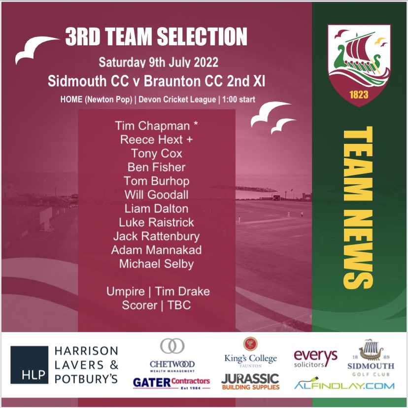 SidmouthCC's tweet photo. With what looks to be a cracking weekend in store, here are our league teams for Saturday. Our home game this week is the 1sts against @SandfordCC. Spectators are very welcome and bar and catering will be open for fuelling and hydrating! https://t.co/rD6zh6PZ59