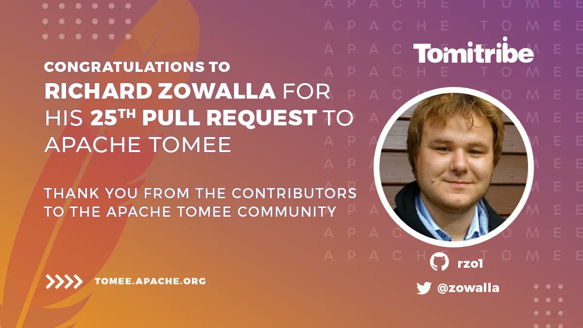 tomitribe's tweet photo. #TomEEcontributors! A big thank you goes out to Richard Zowalla @zowalla for his 25th pull request to @ApacheTomEE! Keep up the fantastic work, Richard!!! 

Want to contribute? https://t.co/NUtNwMVjMW 
#opensource #TomEE #ApacheCommunity https://t.co/YhLlhOefwi