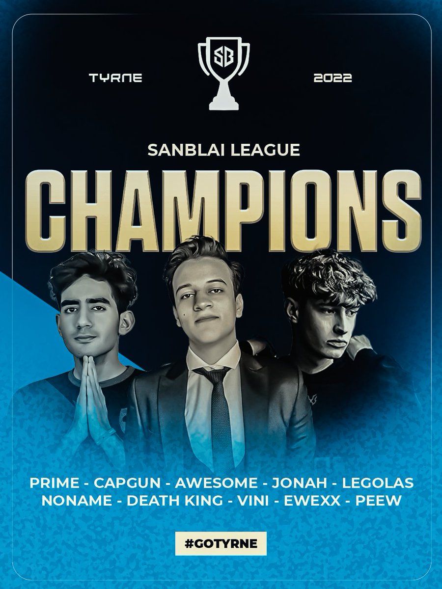 WE ARE THE CHAMPIONS of #SanBlaiLeague hosted by @blai_yt! 

Eased through each stage with the help of amazing players and staff! 

Just one of the many more victories to come 👊

#GOTYRNE