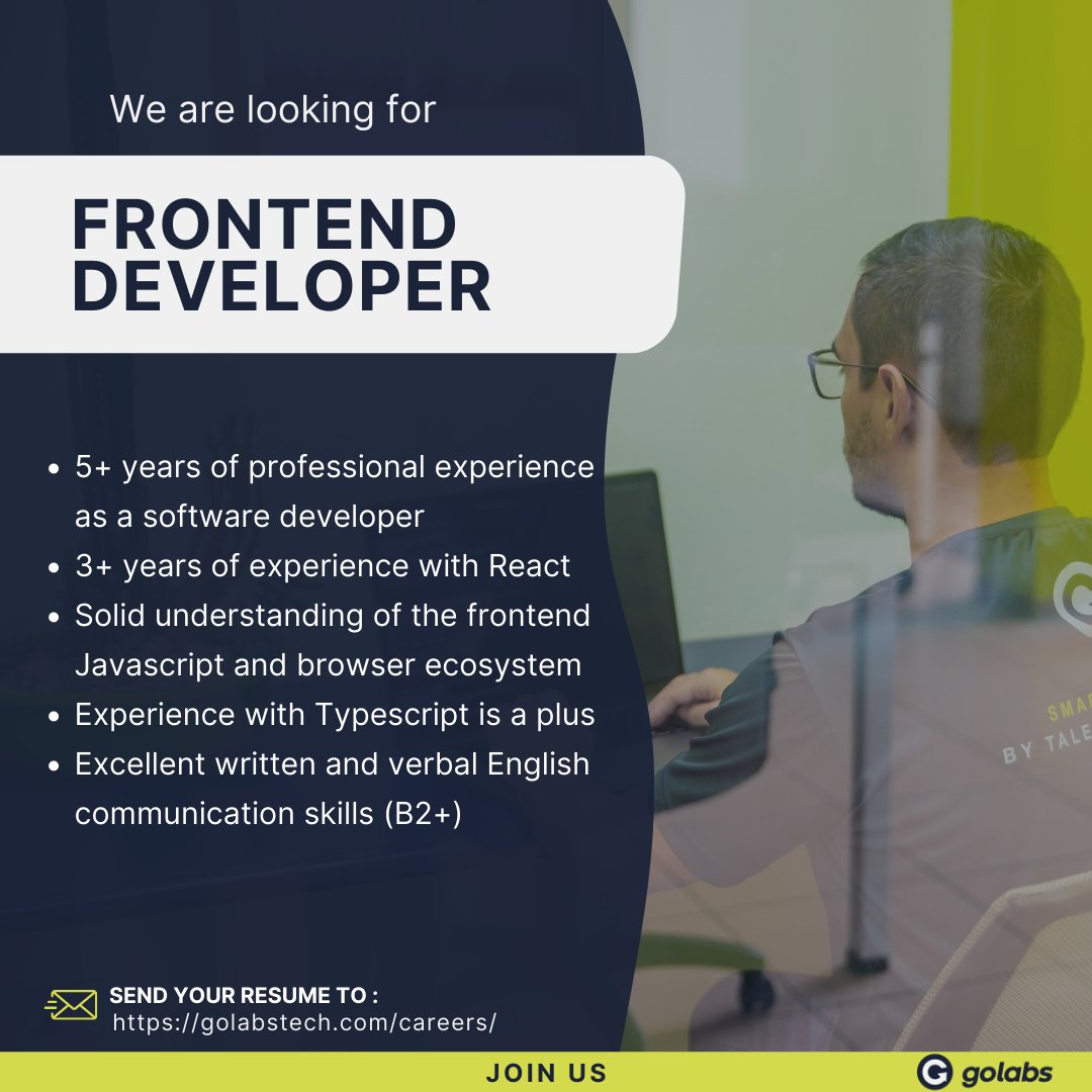 For all Frontend Developers out there, Golabs is looking for you!🤗
🚀Send your resume here: jobs@golabstech.com

#Hiring #React