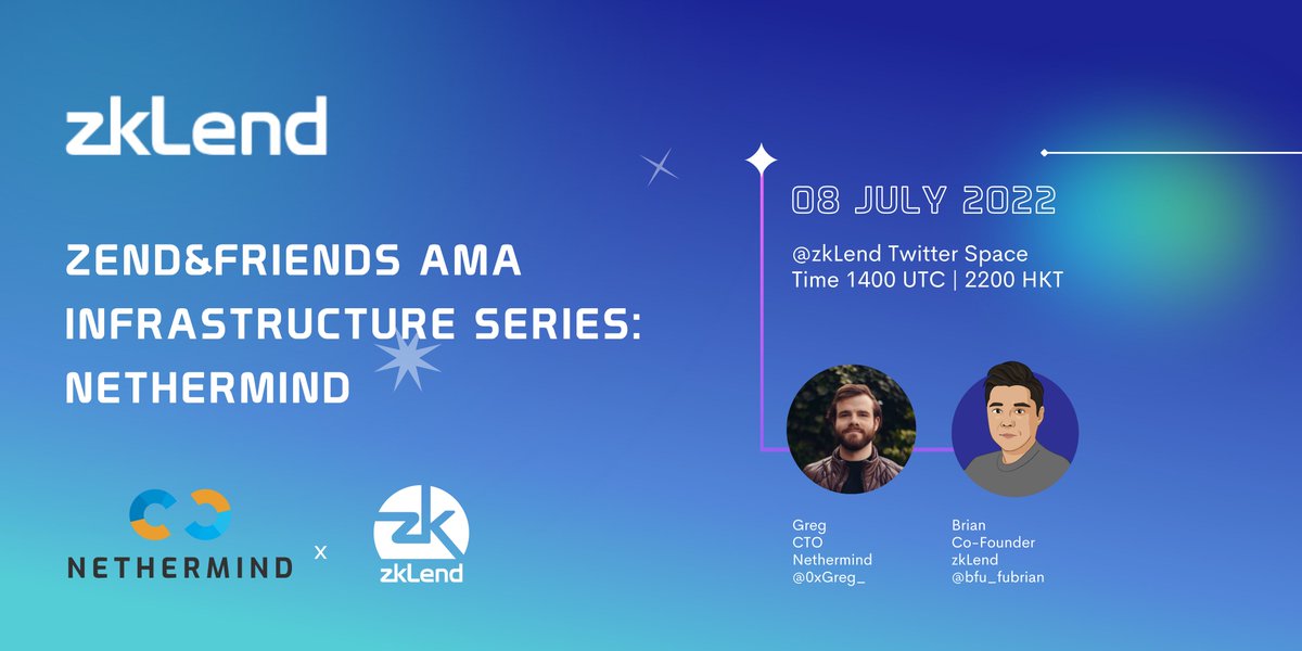 🧠We're hosting @nethermindeth CTO <a href="/0xGreg_/">Greg Vardy</a> on the next ZEND&amp;FRIENDS infrastructure AMA!

ICMYI, they're the buildoors behind key #StarkNet infrastructure: 
⭐️Voyager (Block exp)
⭐️Warp (Compiler)
⭐️Juno (Node). 

👉Set: bit.ly/3OSwk5g