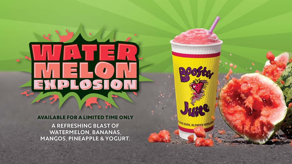 boosterjuice's tweet photo. We know we don't have to tell you...but, the Watermelon Explosion is back and more explosive💣️ than ever! Try one today in our limited edition Canada Cup for that extra Canadian🍁 vibe.
Available for a limited time across Canada. #WatermelonExplosion #limitedtime #summer https://t.co/M2NOHCO8dk