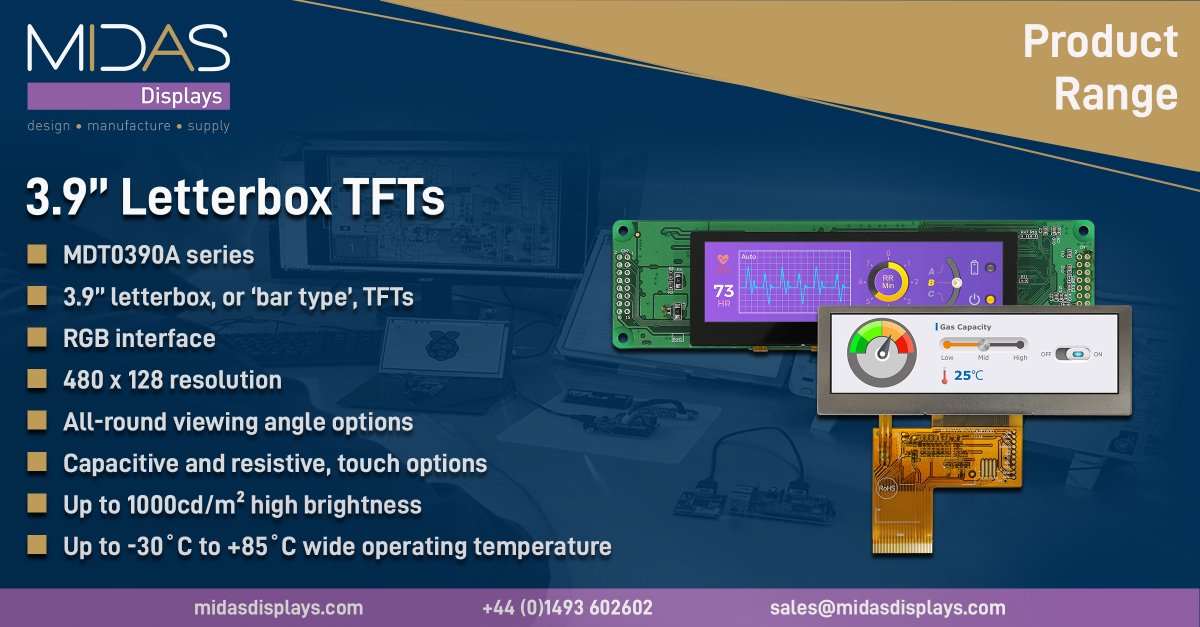 MidasDisplays's tweet image. 🆕 We’ve got some new options in our 3.9” letterbox TFT range 

ℹ️ Check out our MDT0390A series on our website, or see below for more technical information

#DisplaySolution #LetterboxDisplay #BarTypeDisplay