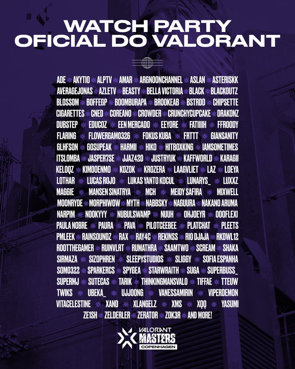 O #VALORANTMasters Copenhagen começa no domingo! 🔥

Conheça as Watch Parties oficiais que teremos para vocês acompanharem todas as emoções! 👇

<a href="/paulanobrez/">pa</a>
<a href="/mch_AGG/">mch</a>
<a href="/pavacsgo/">pava</a>
<a href="/Nuuhfps/">Gustavo "Nuuh" Rocha</a>
<a href="/frtfps/">TL VISA FRTTT</a>
<a href="/tteuw_/">tteuw</a>
<a href="/drxkoNz/">INTZ DRAKONZ</a>
<a href="/blxckoutz/">blackoutz</a>
<a href="/sofiaespanha/">sofia ッ</a>
<a href="/Coreano/">LOUD Coreano</a>
<a href="/xandfps/">xand</a>
@los_pleets
<a href="/sutecasfps/">sutecas</a>