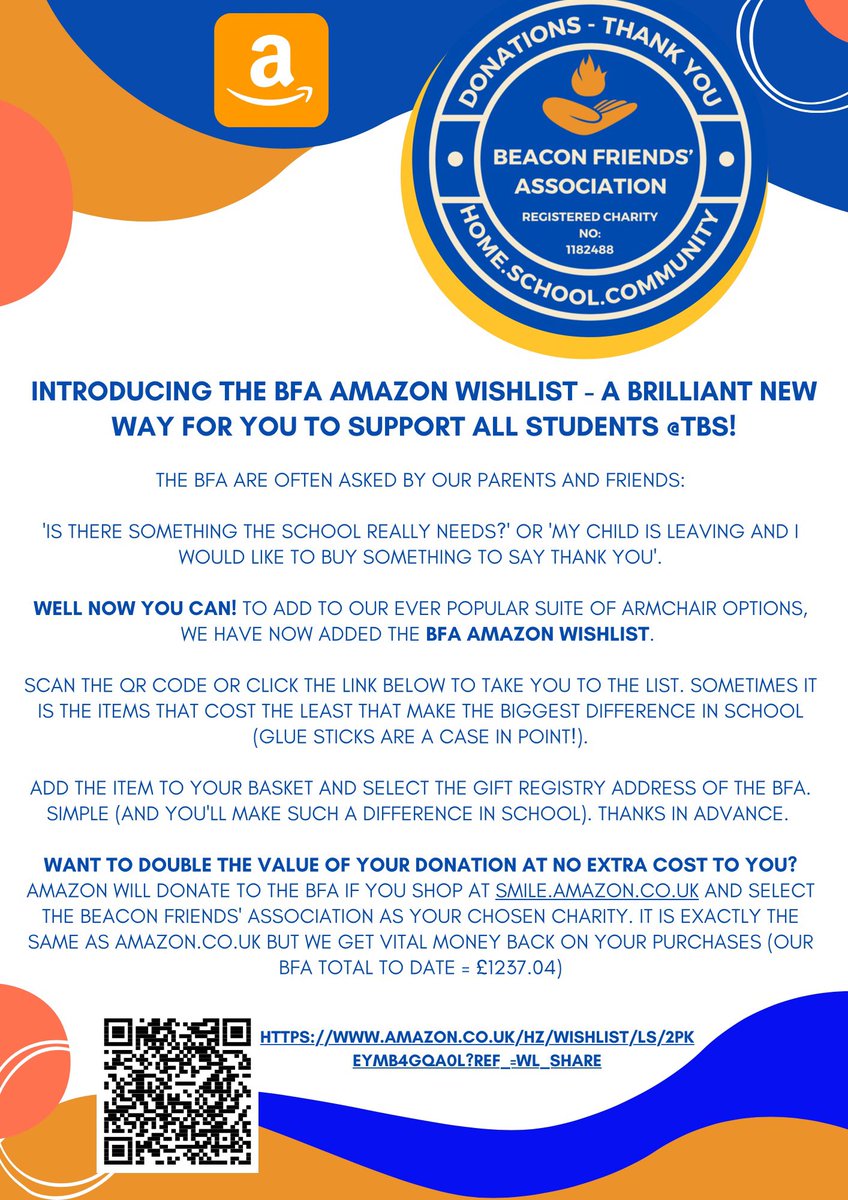 Our BFA Amazon Wishlist is up and running. We’d love it if local businesses etc were able to fund the larger items. #makingadifference to @TheBeaconSch every day. amazon.co.uk/hz/wishlist/ls…