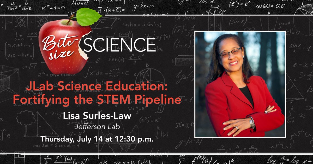JLab_News's tweet photo. Nourish your brain during your lunch break with Bite-Size Science! Join us next Thursday at 12:30 p.m. EDT to learn about opportunities in "Science Education: Fortifying the STEM Pipeline" with Lisa Surles-Law. #BiteSizeScience #Free #STEM #DontForget https://t.co/SRipEIc9lB https://t.co/Q1oWy5pHKS