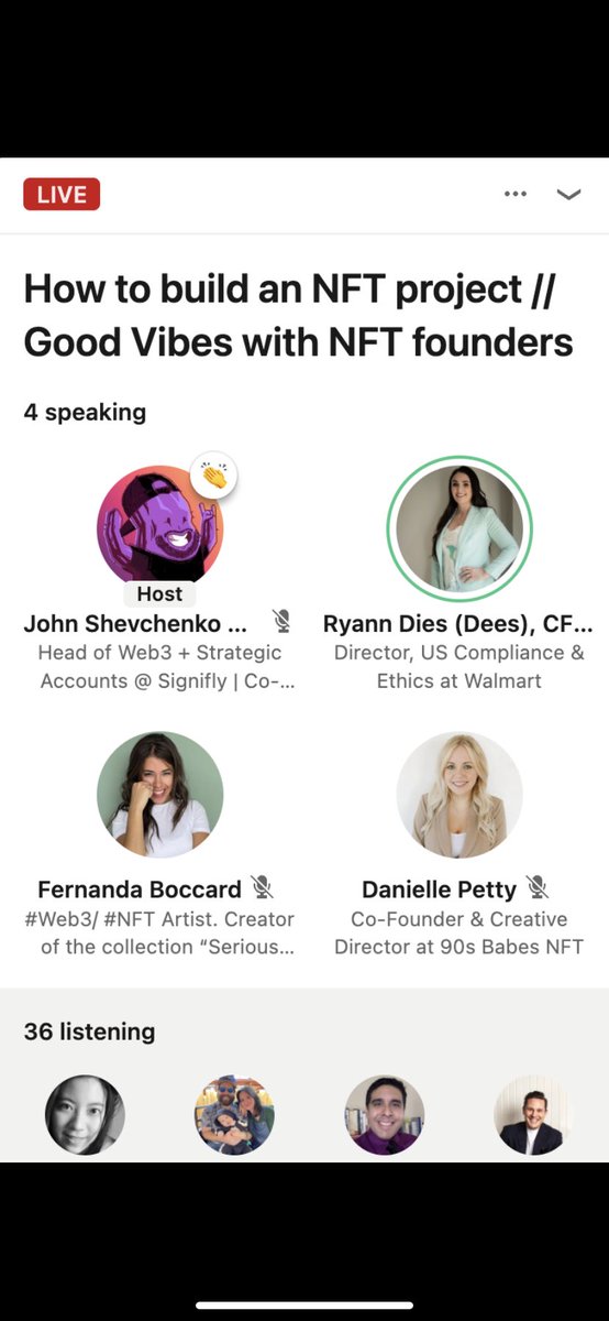 Having an amazing chat live now on LinkedIn with some amazing NFT founders. 

<a href="/90sbabesnft/">90s Babes</a> <a href="/Ferboccard/">FerBoccard</a> <a href="/MetaMomsNFT/">MetaMoms</a> 

Come say hi!!

linkedin.com/events/6950127…