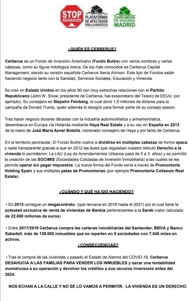<a href="/CerberusCapital/">Cerberus Capital Management</a> expolia nuestras viviendas comprando a precio irrisorio, desahuciando y vendiendo a precio de oro. Negocio redondo. 

#CerberusAlquileresYa