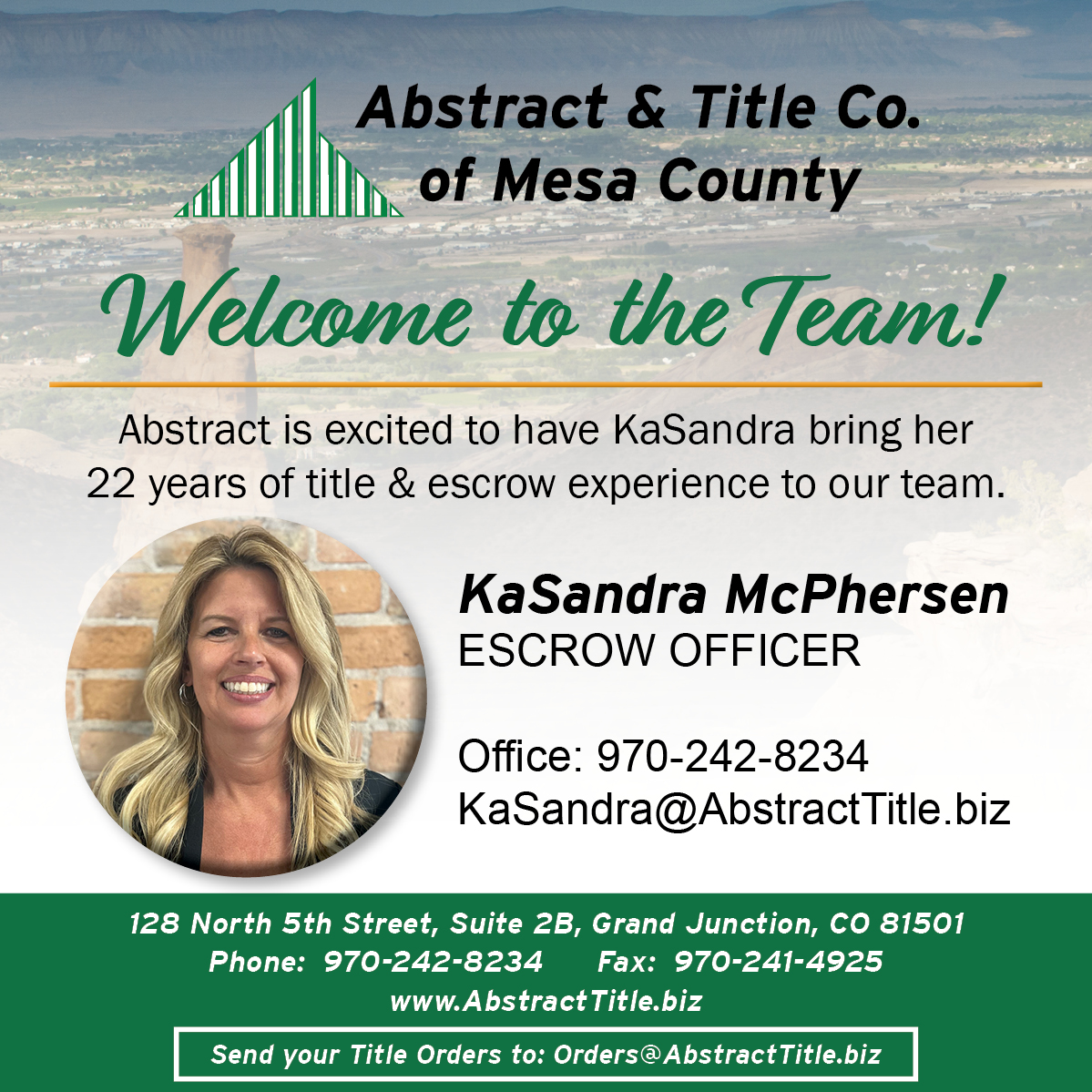 Welcome to the Abstract and Title team, KaSandra! 

#grandjunction #abstractandtitle #closingday #gjco #westslopebestslope