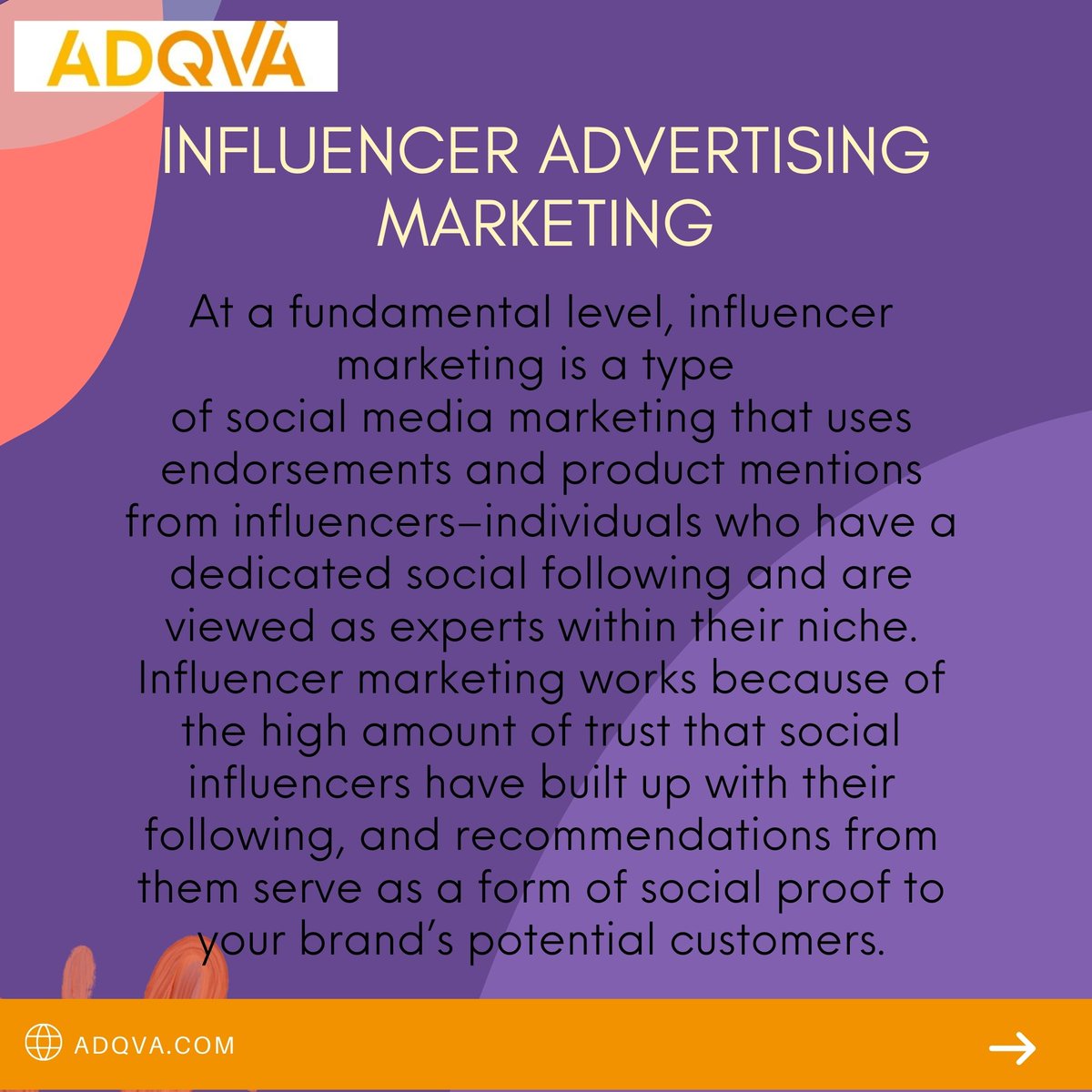 adqva_'s tweet photo. At a fundamental level, influencer marketing is a type 
of social media marketing that uses endorsements and product mentions from influencers–individuals who have a dedicated social following and are viewed as experts within their niche. 
#Influencer #InfluencerMarketing https://t.co/1DBIQK7xwl