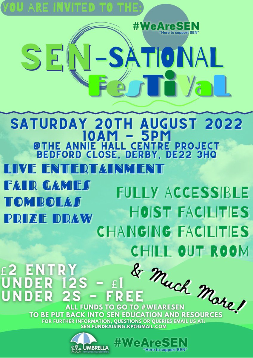 WeAreSEN's tweet photo. #WeAreSEN’s first EVENT 💚💙

We are so excited to invite you to our first ever SEN-SATIONAL FESTIVAL!!!!
We hope you can join us on Saturday 20th August 2022 10am - 5pm.

£2 entry
Under 12s £1
Under 2s FREE

If you would like to be involved or have any more Q’s, DM us! https://t.co/5fBpDfMNpB