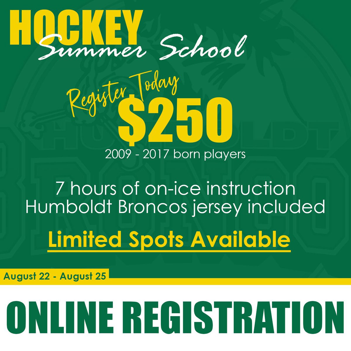 2022 🐎 Humboldt Broncos Summer Hockey School is filling up fast, secure your spot today!!🏒 
August 22 - August 25
2009 - 2017 born players
$250
7 hours of on-ice instruction
Humboldt Broncos jersey included!
Register Here! 👉forms.gle/zdQnjndhiuUEFs…