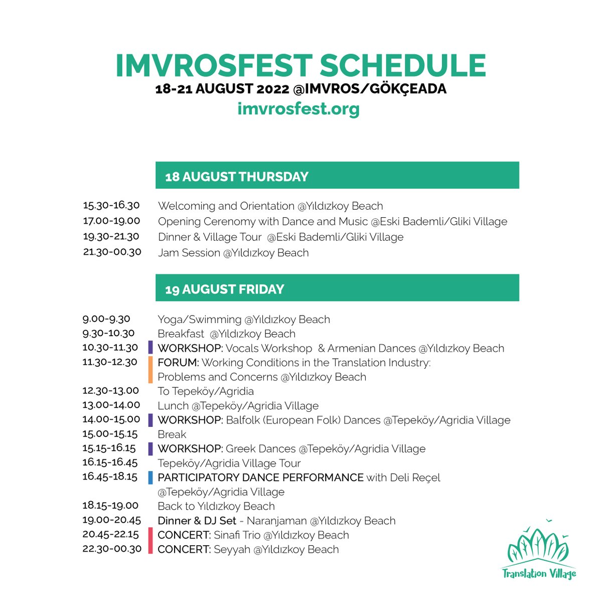 ImvrosFest's tweet photo. The festival program is ready 🙂
This year's festival is free of charge and you do not need to be a translator to participate. It's open to everyone 
Join us on 18-21  August 2022. For registration: https://t.co/7Gxwc1xsO5 https://t.co/ZWfyLMC4RT