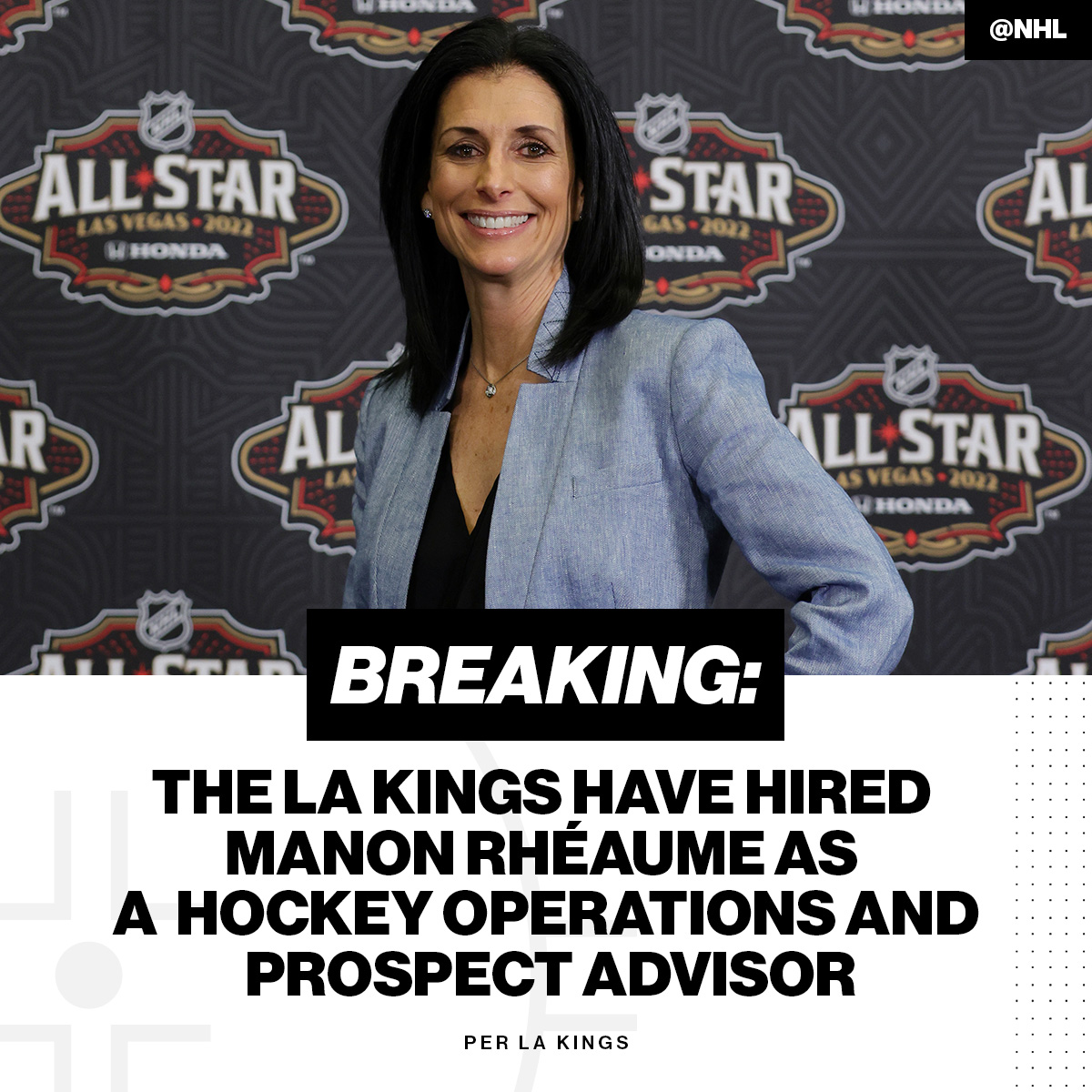 NHL's tweet photo. The @LAKings have hired @ManonRheaume as a Hockey Operations and Prospect Advisor! 👏 https://t.co/DgP3rONoxU