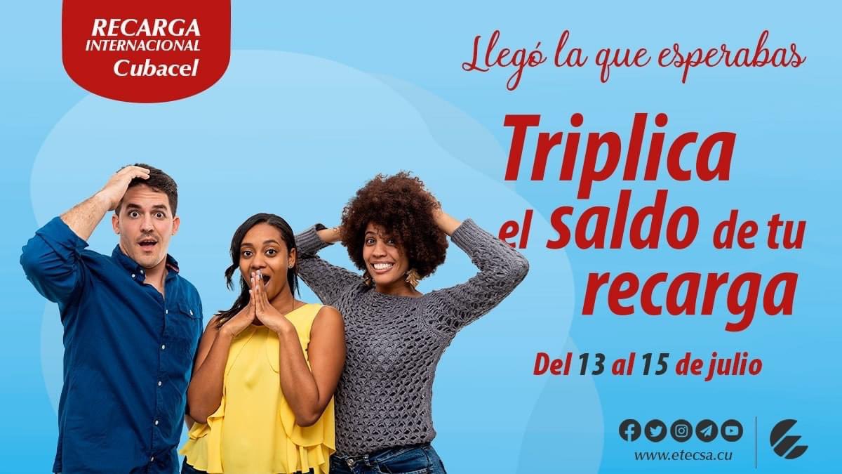 🥁 #Promoción de Recarga Internacional del 13 al 15 de julio 😃.
✔️ Si recibes 📲 una recarga entre 500 y 1250 CUP obtendrás el TRIPLE del dinero recargado en tu SALDO PRINCIPAL 😱 con vigencia de 330 días. #CubacelEnLínea