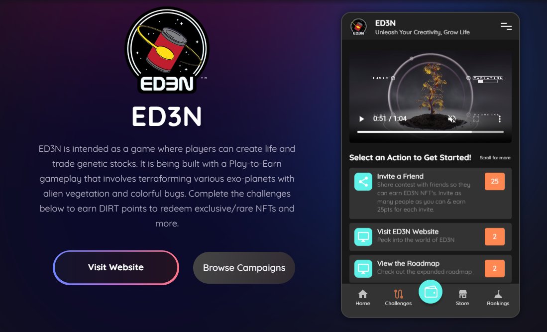 ED3N_WORLD's tweet photo. Complete #ED3N challenges to earn DIRT points to redeem exclusive/rare NFTs and more, powered by @AwardPool π
https://t.co/9DGnykCZqq
#GrowToEarn #GameFi #NFTGiveaway #P2E #NFTCommunity #Gaming #AwardPool https://t.co/m9Yjz6DFSf