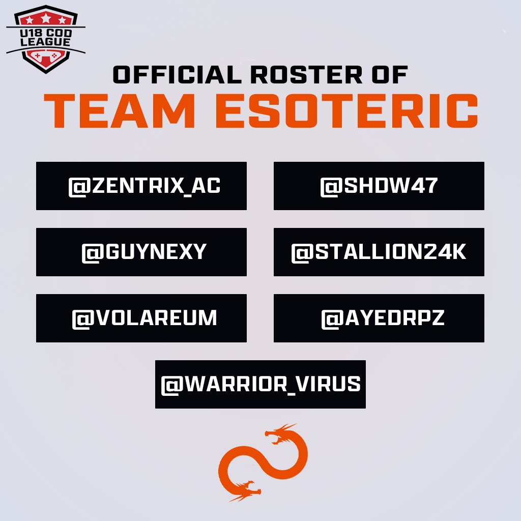 U18 Call of Duty League (@u18codleague) on Twitter photo Presenting <a href="/TeamEsotericGG/">Team Esoteric</a>'s Official Roster for Season 1!
The Infinity Dragon is ready for battle!
#WeAreEso 🐉 Presenting <a href="/TeamEsotericGG/">Team Esoteric</a>'s Official Roster for Season 1!
The Infinity Dragon is ready for battle!
#WeAreEso 🐉