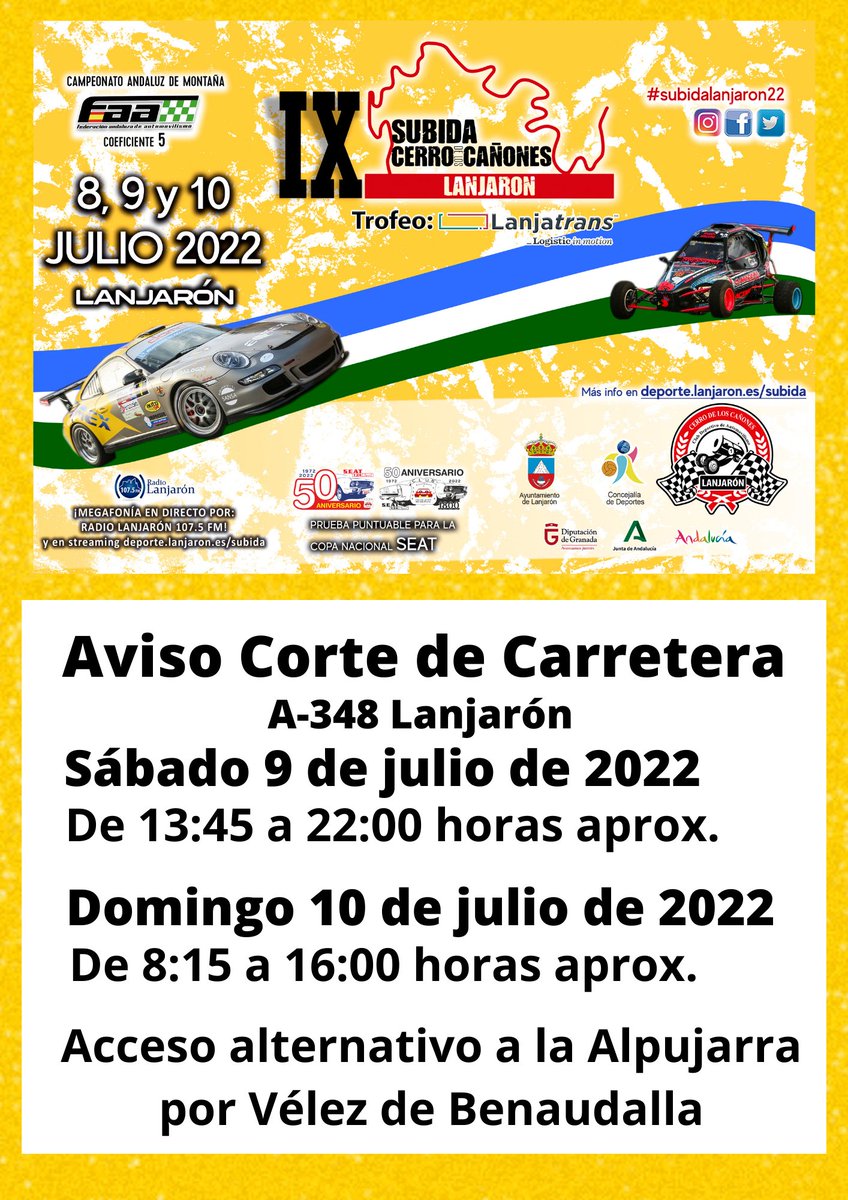 🛑IMPORTANTE🛑

➡️Corte de carretera de la A-348 desde la rotonda de Béznar hasta la planta de Aguas de Lanjarón este sábado 9 y domingo 10 de julio por celebración de evento deportivo.