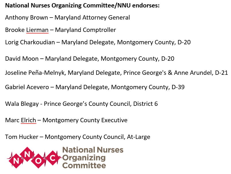 NursesHealMd's tweet photo. The National Nurses Organizing Committee/NNU has endorsed these Maryland candidates: @BrownforMD @BrookeELierman @LCharkoudian @DavidMoon2014 @JPenaMelnyk @GabrielAcevero @WalaBlegay @Marc_Elrich @tomhucker. Early voting has begun - #VoteNursesValues https://t.co/RBs9Rs5QkR