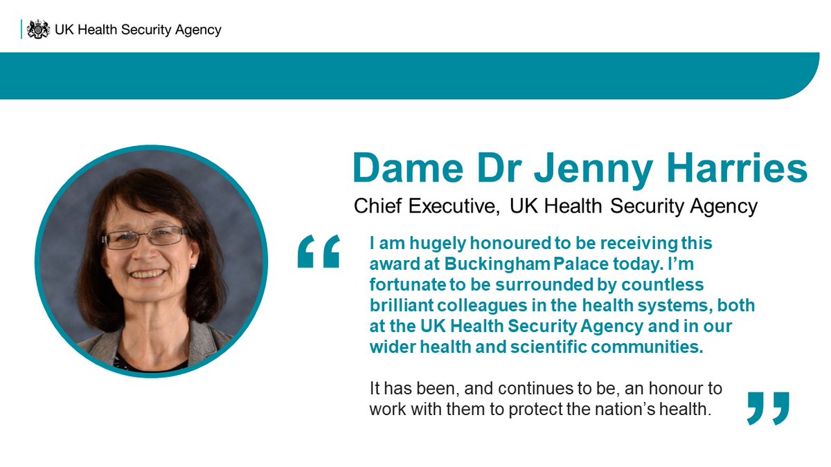 UKHSA's tweet photo. 🎆🎉 Congratulations to our CEO, Dame Dr Jenny Harries, who received her Damehood at Buckingham Palace today in recognition of her work in public health and the pandemic response. 👏👏👏 #Damehood #Congratulations https://t.co/sVLSGNrjOH
