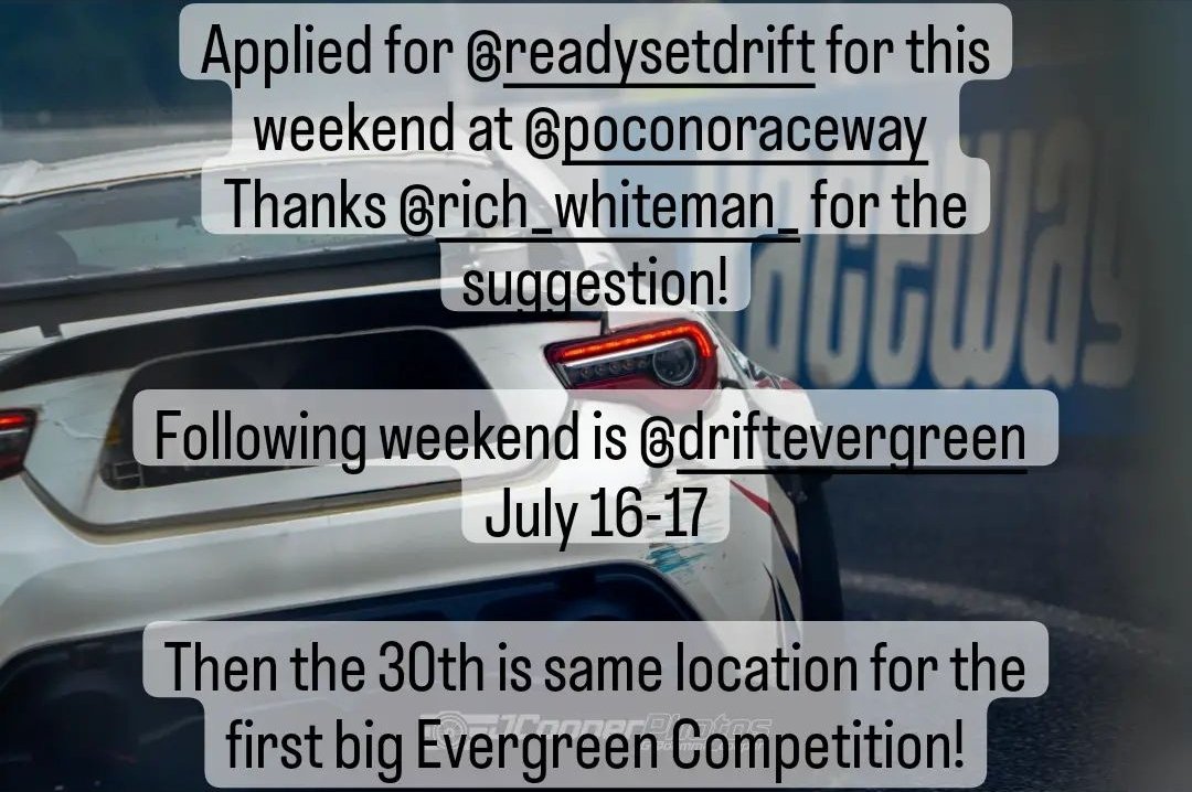 DammitCooper's tweet photo. Gonna be a bit busy coming up.

#readysetdrift @PoconoRaceway https://t.co/zyWJ73vt1z