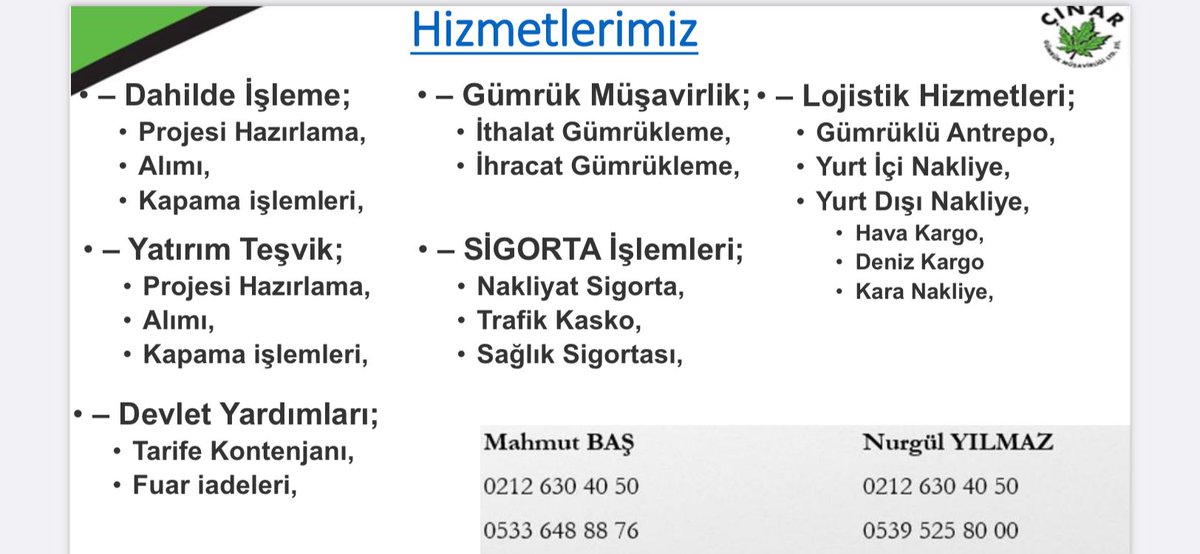 Dahilde İşleme
Yatırım Teşvik
Devlet Yardımları
Gümrük Müşavirliği
Sigorta İşlemleri
Lojistik Hizmetleri
TEKLİF İSTE ➡️ inanclojistik.com