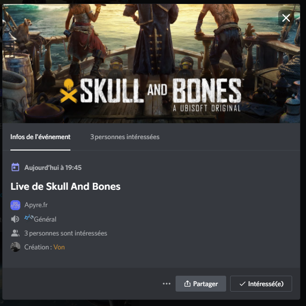 apyrefr's tweet photo. À l'occasion de la présentation de gameplay de #SkullandBones ce soir, nous vous proposons une soirée sur notre discord ! N'hésitez donc pas à venir pour regarder et commenter cet événement avec nous.
Le discord par ici ➡️ https://t.co/N6L7UXV4v2 😉👍🏴‍☠️⚔️☠️
#UbiForward @UbisoftFR https://t.co/WTXp38C0lz