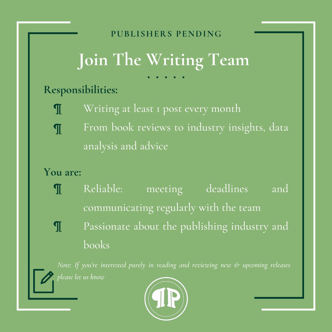 pubpending's tweet photo. Read about the teams recruiting below.
Email us at publishers.pending@gmail.com to express your interest. Be sure to state which teams you want to join (in order of preference, if there are multiple) and why you think you fit the role.
We look forward to hearing from you! 2/3 https://t.co/t4ZuMszyvX