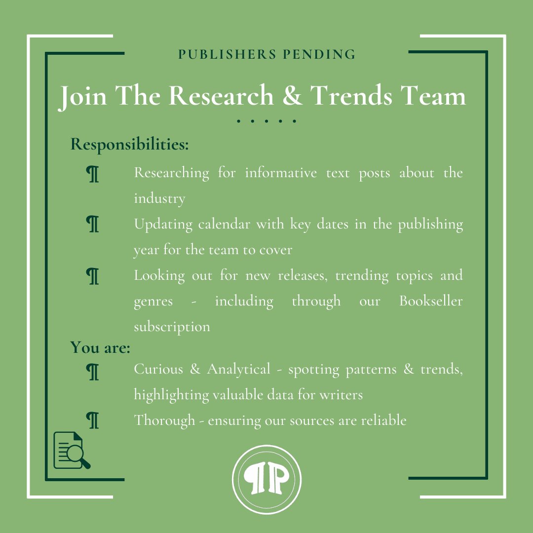 pubpending's tweet photo. Read about the teams recruiting below.
Email us at publishers.pending@gmail.com to express your interest. Be sure to state which teams you want to join (in order of preference, if there are multiple) and why you think you fit the role.
We look forward to hearing from you! 2/3 https://t.co/t4ZuMszyvX