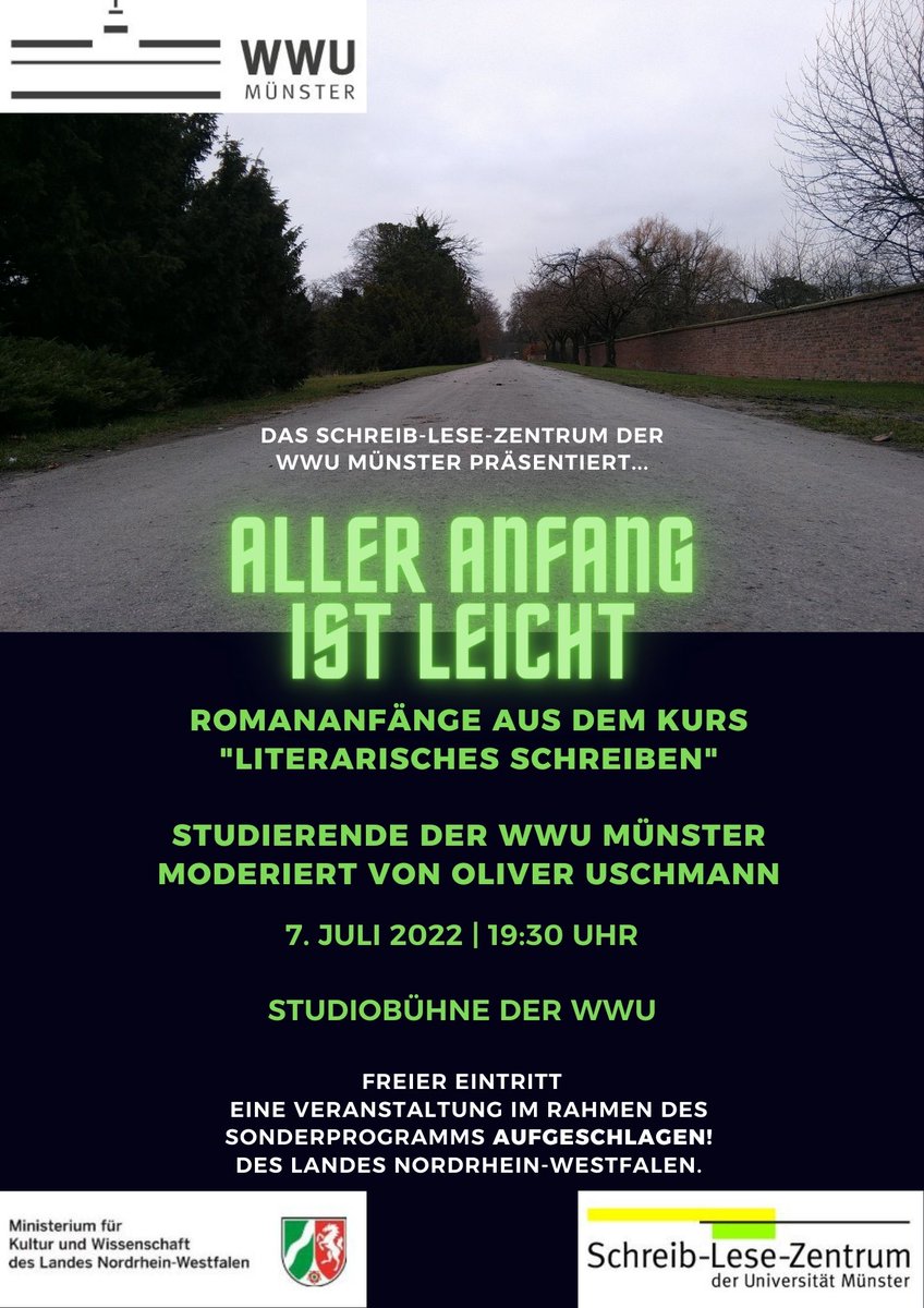 Heute Abend lese ich aus meinem unveröffentlichten Roman!

Wer wissen will, wie der Anfang eines Fantasyromans klingt, wenn er aus meiner Feder stammt, kann gerne heute vorbeikommen 😁

Heute, 19:30 Uhr in der Studiobühne der WWU Münster, Domplatz 23