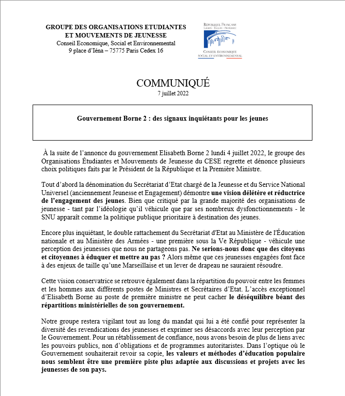 Un secrétariat à la jeunesse sous co-tutelle du <a href="/education_gouv/">Ministère Éducation nationale</a> et du <a href="/Armees_Gouv/">Ministère des Armées et des Anciens combattants</a>, un signal inquiétant lancé aux jeunesses de notre pays. Notre communiqué face à l’annonce du nouveau gouvernement ce lundi👇