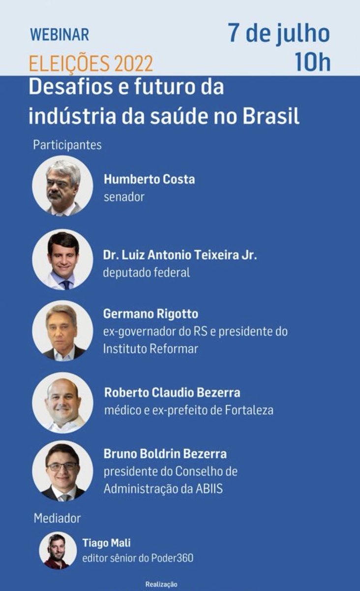 À partir das 10h, participo de um debate sobre  “ Os desafios da indústria da saúde no Brasil “, promovido pelo PODER 360 e pela Aliança Brasileira da Indústria Inovadora em Saúde