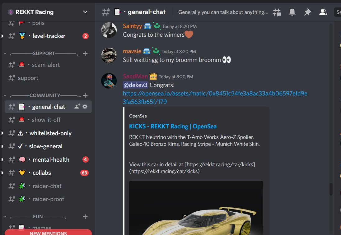 DANG! Discord is super hyped! 🔥🔥🔥

Free airdrop is happening now 🏎️

Show us yours!

Discord.gg/rekkt-racing