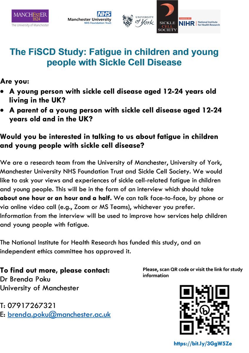 Are you a young person with Sickle Cell aged 12-24 years old living in the UK, or a parent of a young person?

Would you be interested in talking to us about fatigue in children &amp; young people with sickle cell disease? 

sicklecellsociety.org/sickle-cell-an… #sicklecell #sicklecellawareness