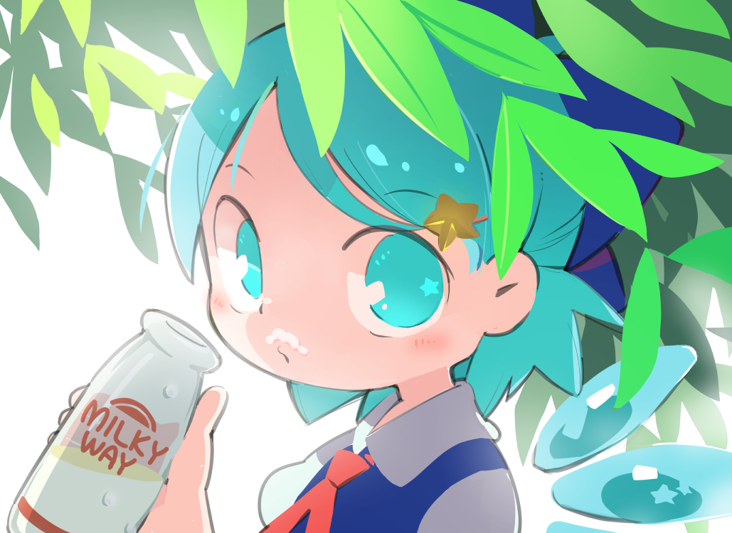 cirno 1girl solo wings blue hair ice wings bottle star hair ornament  illustration images