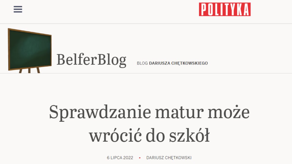 ℹ Artykuł autorstwa Dariusza Chętkowskiego na portalu <a href="/Polityka_pl/">Tygodnik POLITYKA</a> to fake news. W MEiN nie toczą się żadne prace, których celem miałaby być zmiana zasad sprawdzania i oceniania prac któregokolwiek z egzaminów.

▶ Pełne wyjaśnienie znajdą Państwo tutaj: gov.pl/web/edukacja-i…