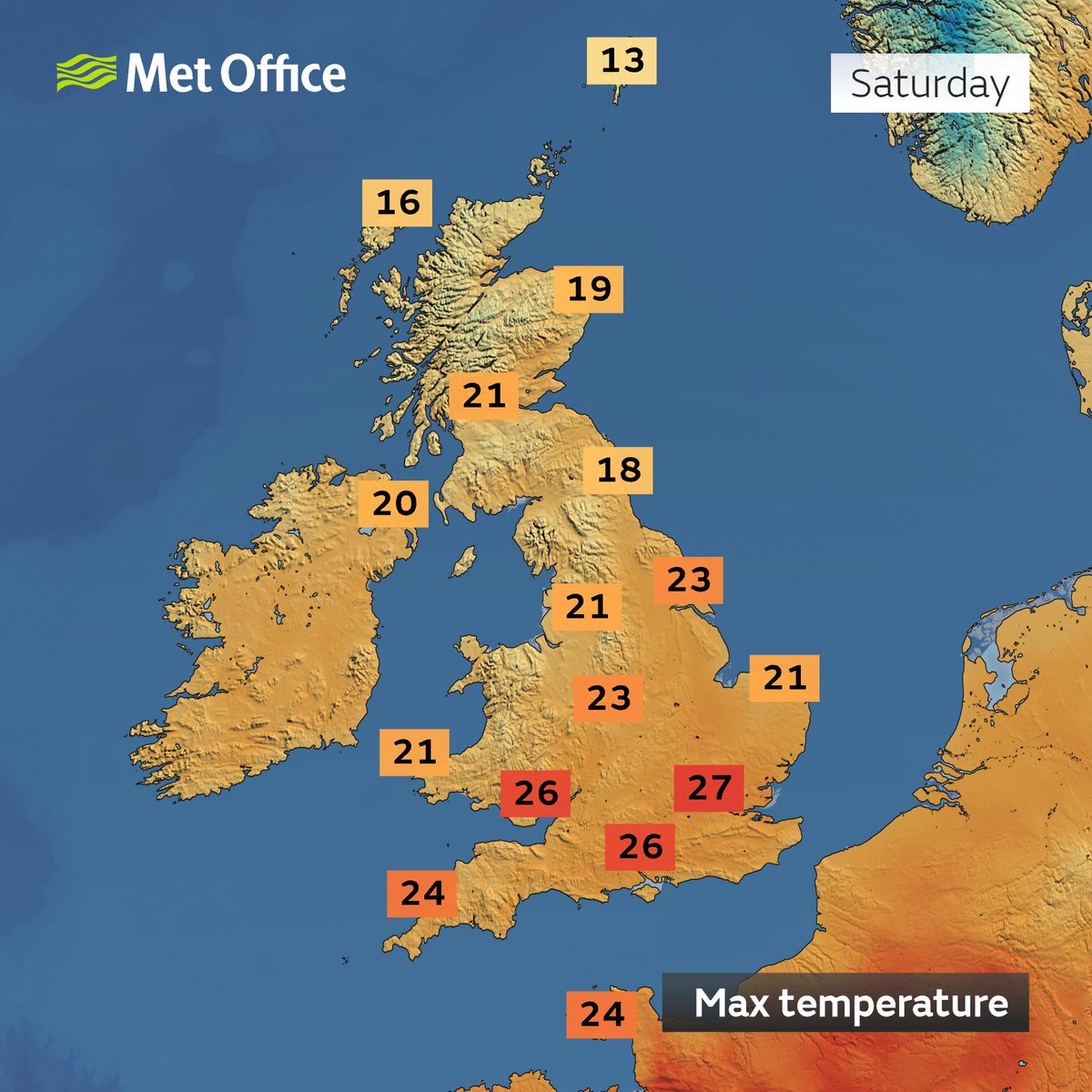 metoffice's tweet photo. High pressure means it's warming up this weekend 🌡️

Friday is looking hot for some, then whilst temperatures may be a touch down on Saturday, they're set to rise again for Sunday https://t.co/4JrPCpUpqR