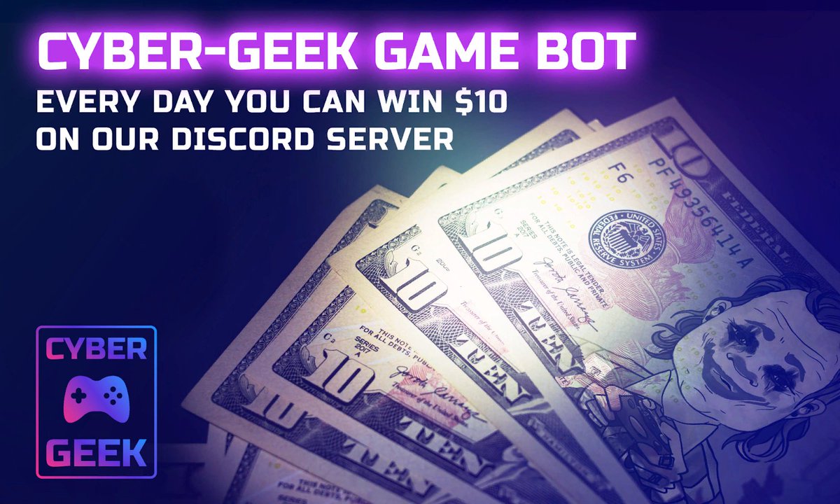 CyberGeek_NFT's tweet photo. 🥁 Every day you can play Cyber-Geek Game Bot to win $10 on our Discord server!
🎮 The game kicks off in the #10usd-games channel at 7 p.m. UTC. Registration starts 23 hours in advance!
🏄♀️ Go to the channel and click ✅ under the Bot’s registration message to participate! https://t.co/ZcZCfscpGn