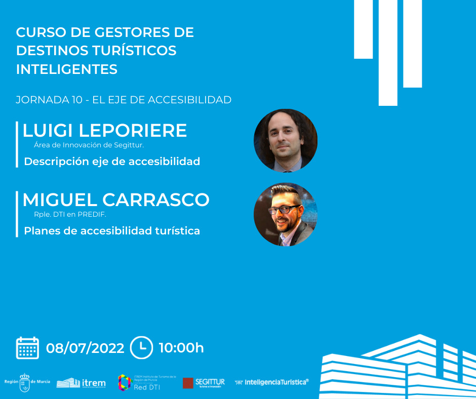 cctmurcia's tweet image. ¿Cómo aplicar la accesibilidad en un DTI? nos trasladarán el cumplimiento de este eje en la última jornada del Curso Gestores DTI RM  Luigi Leporiere Innovación @SEGITTUR y @MiguelCPredif de @Predif_Estatal 
🖊️bit.ly/3ykRZvP
#DTIRegióndeMurcia #SmartDestination
