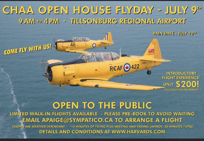 DianaSpremo's tweet photo. It’s worth the drive to Tillsonburg this Saturday! Come out to the Canadian Harvard Aircraft Association’s Fly Day and take a flight in one of these beautiful historic birds. @CdnHarvards #keepthemflying #keepemflying #harvardaircraft #tillsonburg #wwiitrainer #comeflywithme https://t.co/J92njzcmxP