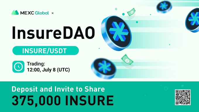 ㊗️ $INSURE MEXC上場🎉🎉🎉

📈取扱開始日時 7/8 12:00 UTC 🚀

入金＆招待ミッション達成で 
$INSURE プレゼントキャンペーン開催中！

詳細は👉
support.mexc.com/hc/ja/articles…

#InsureDAO #MEXCListing #MEXC #findnextmoonshot