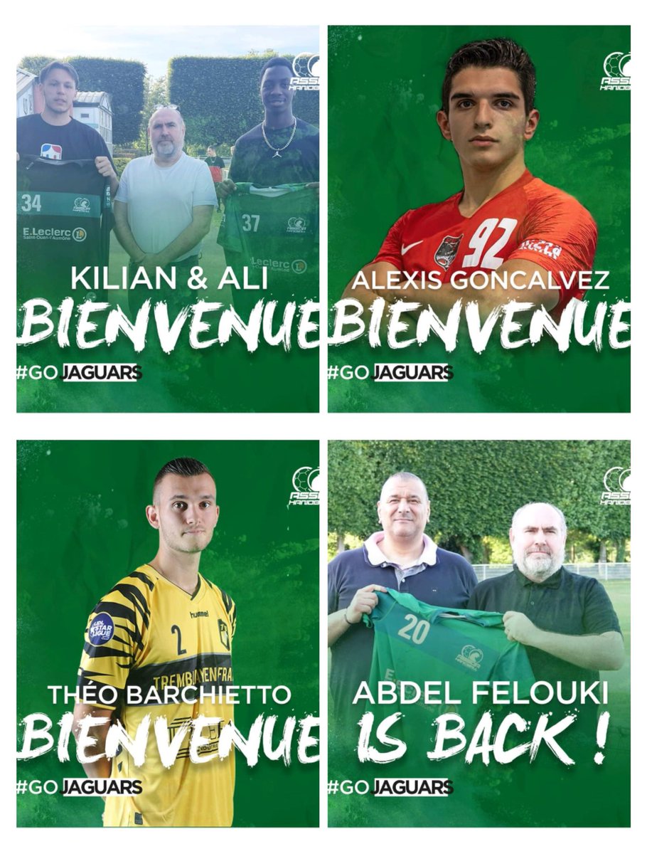 ➡ INFOS RECRUTEMENT NATIONALE 2

L'ASSOA Handball est fier de vous annoncer les arrivées de Abdel,Alexis, Théo,Killian et Ali au sein de l'équipe fanion évoluant en Nationale 2 !
Bienvenue chez les Jaguars 💚