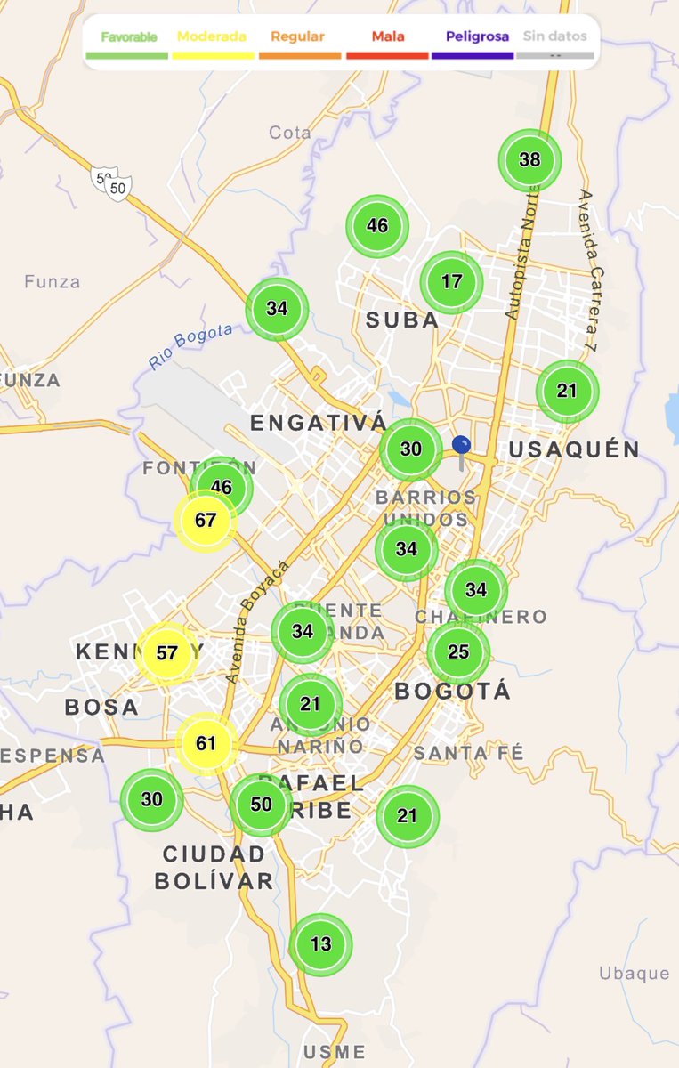 Este jueves, amanecemos con la 🟢mayoría de las estaciones en estado favorable y 🟡 3 estaciones en estado moderado según el Índice Bogotano de Calidad del Aire y Riesgo en Salud (Iboca).

📲Descarga la app ‘Ambiente Bogotá’ o haz click aquí 👉🏻rmcab.ambientebogota.gov.co/home/map