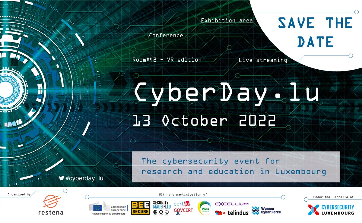 Fondation Restena (@restena) on Twitter photo #cyberday_lu – The #cybersecurity event for #research and #education in #Luxembourg by <a href="/restena/">Fondation Restena</a> is back for its fifth edition on 13 Oct. 2022 as part of <a href="/CyberSecMonth/">Cyber Security Month</a> and @CybersecLux. Programme + registration process available after the summer break on cyberday.lu #cyberday_lu – The #cybersecurity event for #research and #education in #Luxembourg by <a href="/restena/">Fondation Restena</a> is back for its fifth edition on 13 Oct. 2022 as part of <a href="/CyberSecMonth/">Cyber Security Month</a> and @CybersecLux. Programme + registration process available after the summer break on cyberday.lu