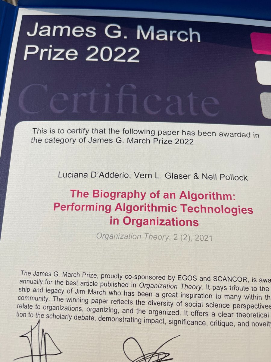 Really honoured to be awarded @egosnet James March prize for our paper Biography of an Algorithm coauthored with Vern Glaser @lucianadadderio @uebsresearch #EGOS2022 
journals.sagepub.com/doi/full/10.11…