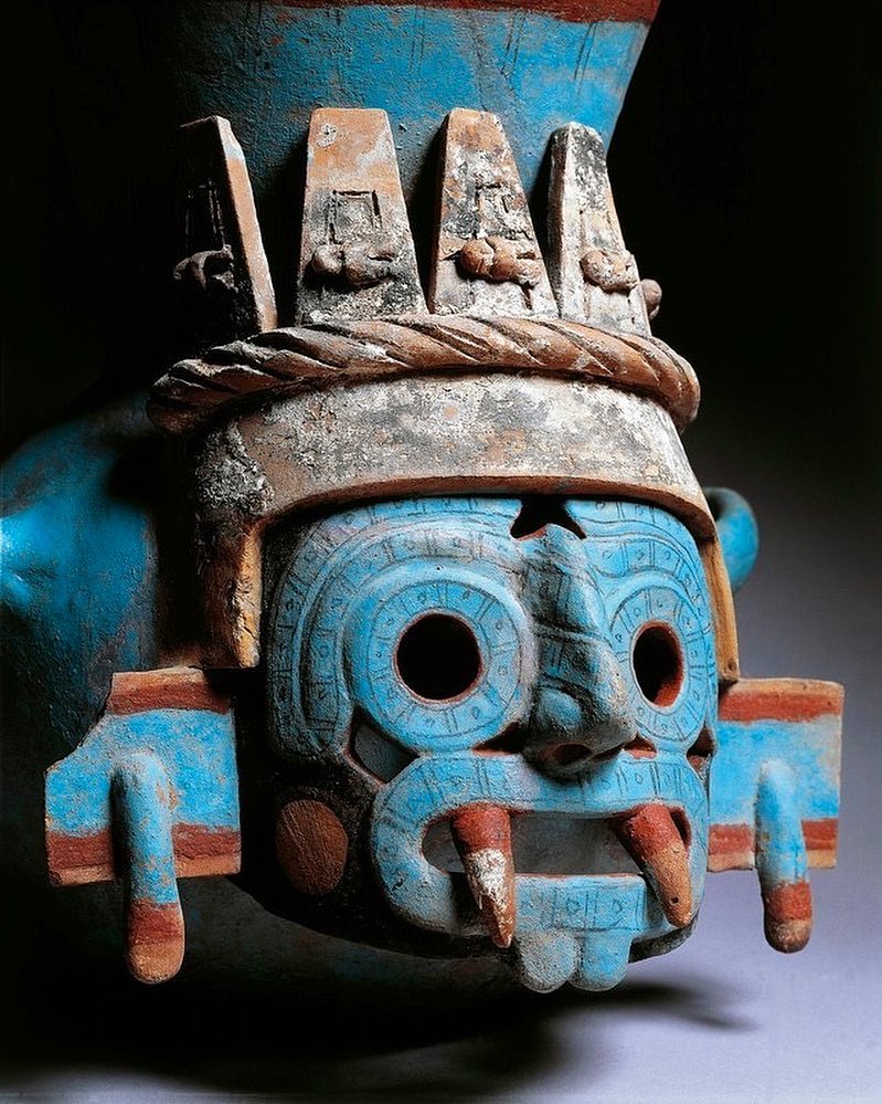 Ceramic Aztec vase depicting Tlaloc, god of rain, from the Templo Mayor at ...