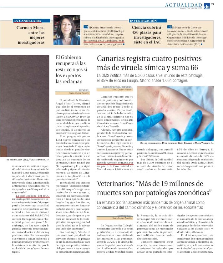 YbpCph's tweet photo. Gracias a @diariodeavisos por la noticia en relación al seguimiento a 200 días de la inmunidad celular mediante test cutáneo en el grupo de trabajadores sanitarios de nuestro grupo @victmath @AFM26031967 @Cristinalavacr1 #somosHUC  #VaccinesWork @SanidadGobCan @SEinmunologia https://t.co/TG359yuLOr
