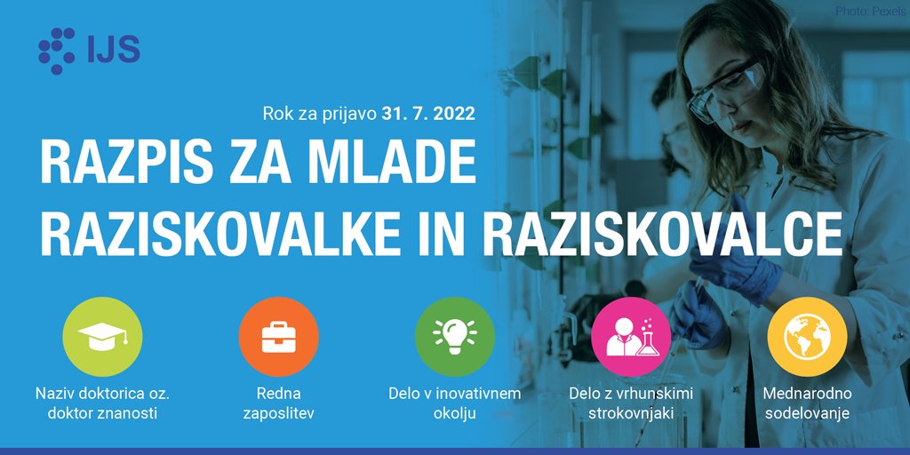 Institut "Jožef Stefan" objavlja razpis  ijs.si/ijsw/Mladi%20r….
Prijavo oddajte preko elektronskega naslova mr2022@ijs.si; rok za prijavo je 31. julij 2022.
Vprašanja v zvezi z razpisom lahko pošljete na elektronski naslov andreja.jakopic@ijs.si.