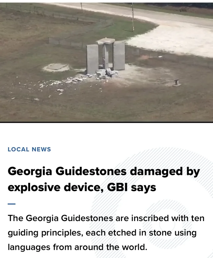 Rebus_Sleuth's tweet photo. God Bless whomever did this! 

I'm going to guess it was the one that said "earth population should be (reduced to) 500,000,000". 

Georgia Guidestones exploded. https://t.co/rdoM1spb8j