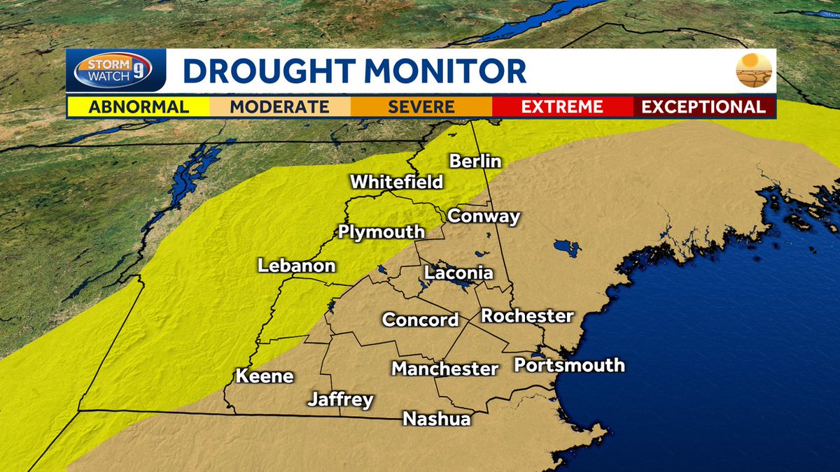 KevSkarupaWMUR's tweet photo. The latest US Drought Monitor expands moderate drought (the first stage of drought) from 4% of NH last week to 57% of NH this week. The pattern over the next week doesn't provide much rain either. #WMUR https://t.co/SvdPsh8Ia0 https://t.co/h1eu4lXX0P